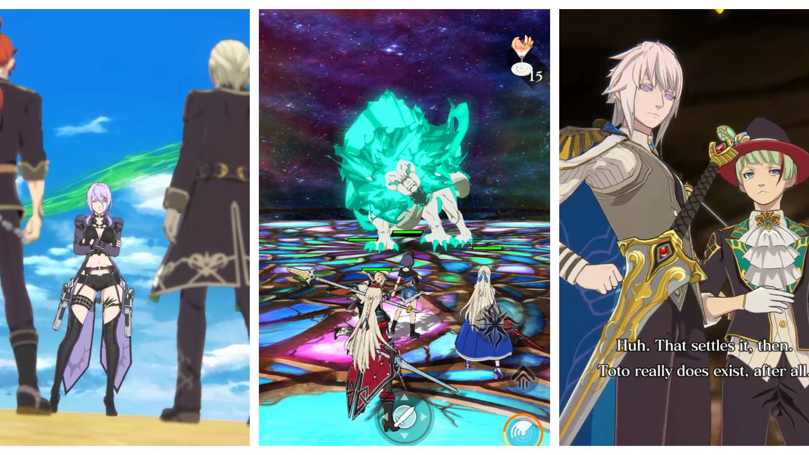 two men face a woman with purple hair; a group of people face a large, ethereal lion on a stained-glass platform; two young men in fancy clothes discuss a creature named 