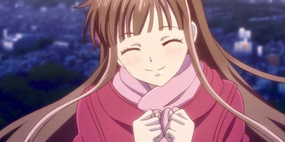 Tohru Honda smiling in pink jacket Fruits Basket