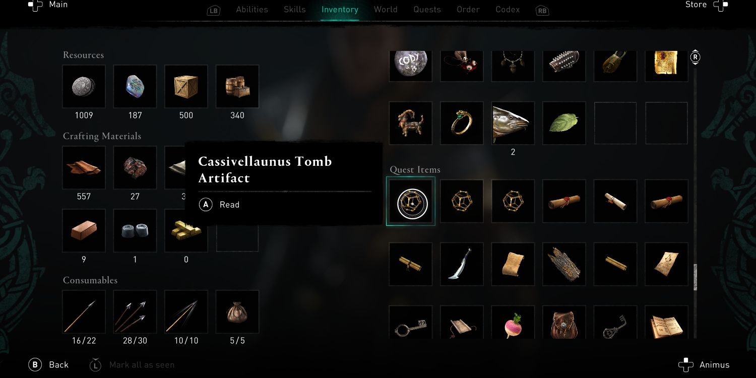 inventory screen focusing on an item called Cassivellaunus tomb artifact 