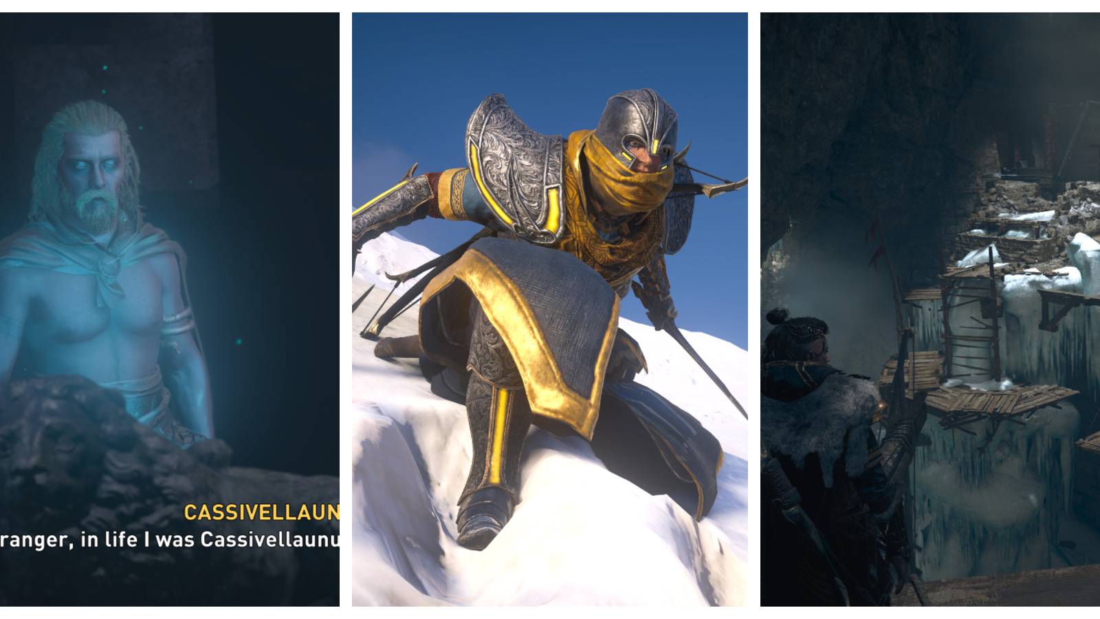 ghostly, blue figure speaking; eivor in armor with yellow accents on a snowy hill; eivor looking at a cavern filled with wooden platforms and levels