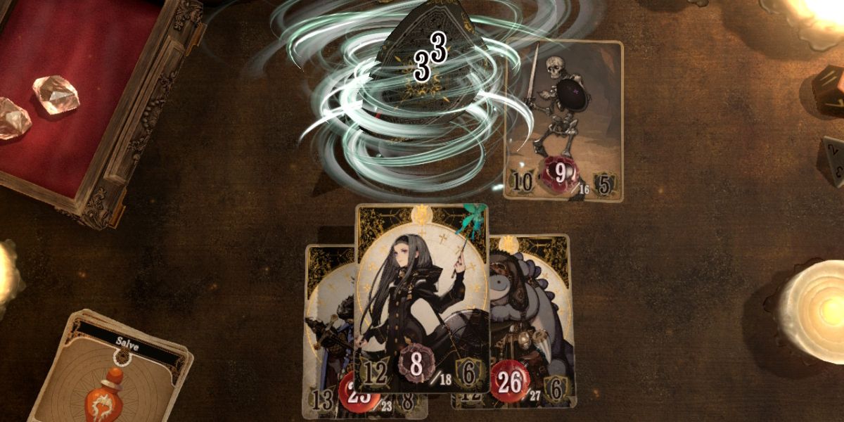 A card with a witch in black dress casts a tornado at another card across the battlefield