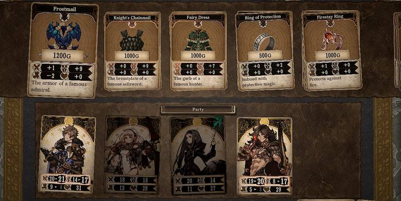 a row of different armors at the top and the party at the bottom 