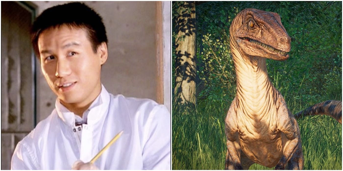 Dr. Wu in Jurassic Park and the Velociraptor in Jurassic World Evolution 2