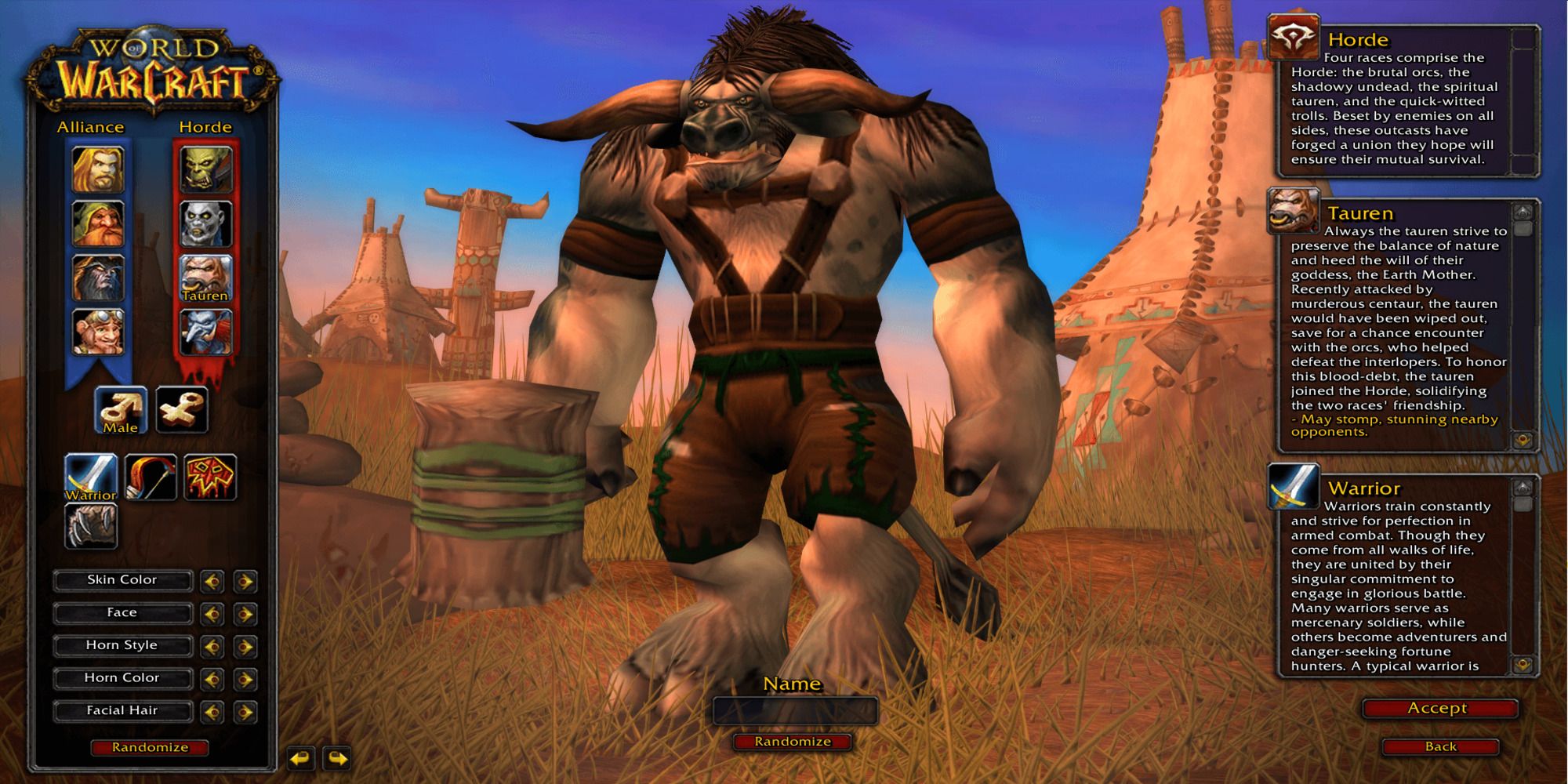 Warrior character creation screenshot