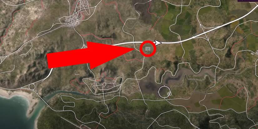 Forza Horizon 5 solar panels location circled with arrow pointing to it on map