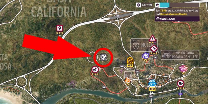 Forza Horizon 5 New Heights Treasure Location circled and arrow pointed at it on map