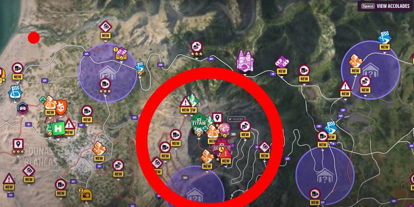 Forza Horizon 5 map with la gran caldero volcano circled