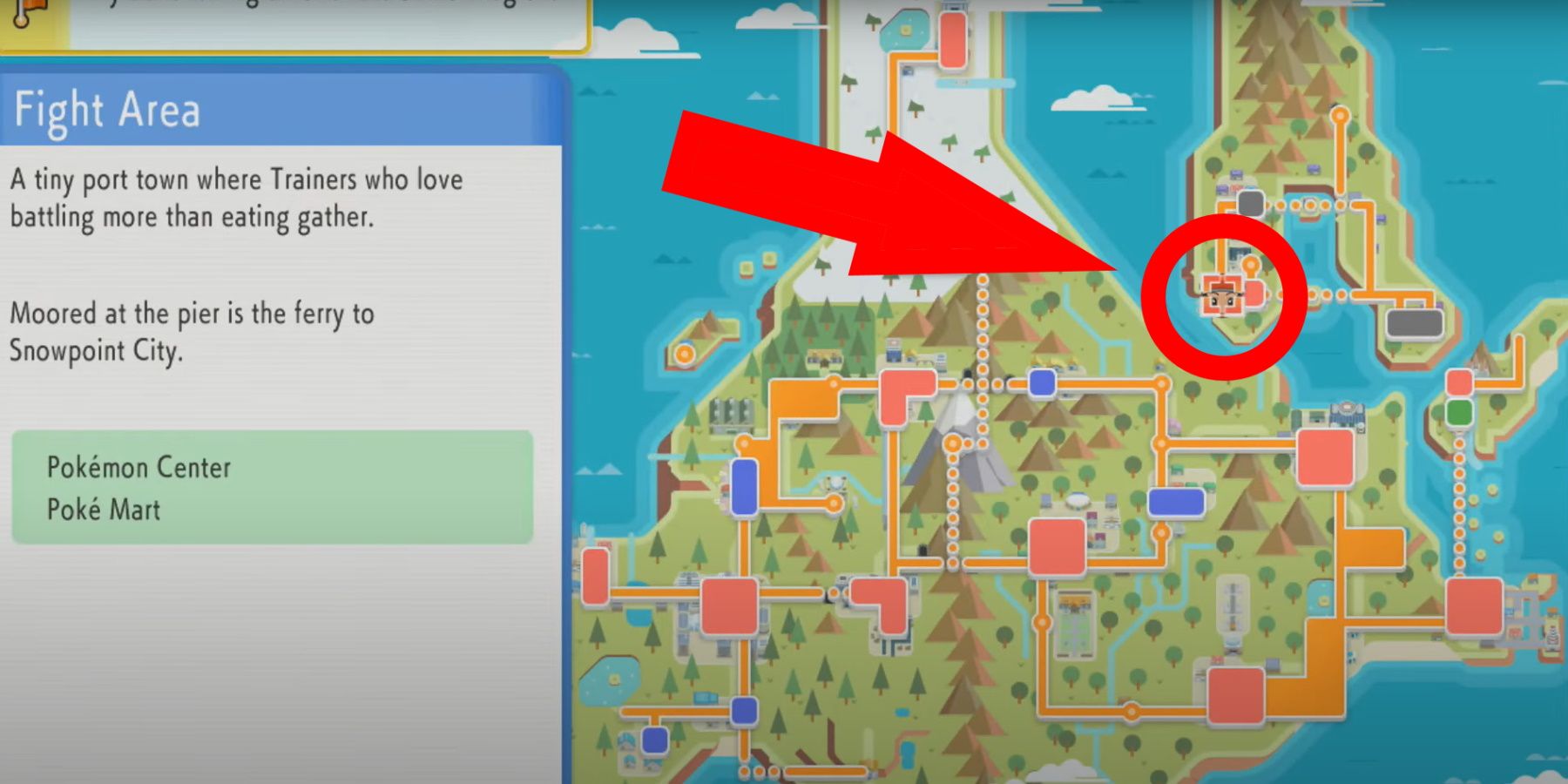 Pokemon Brilliant Diamond and Shining Pearl fight area circled and an arrow pointing at it sinnoh map
