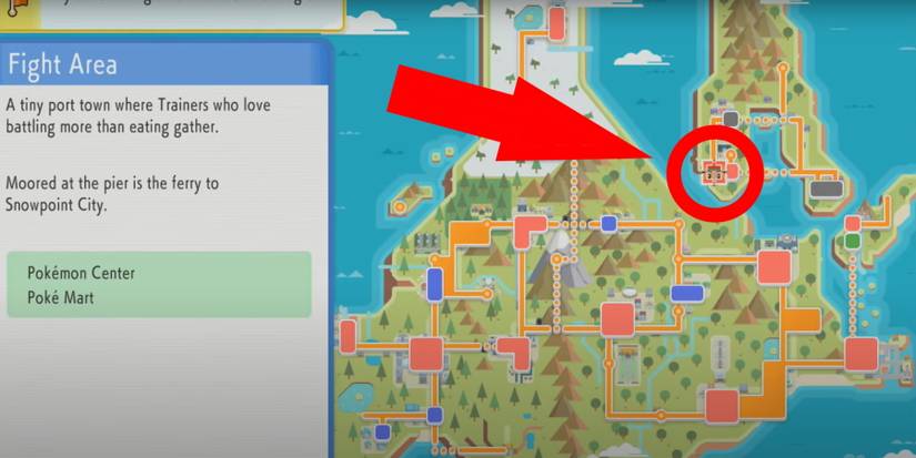 Pokemon Brilliant Diamond and Shining Pearl fight area circled and an arrow pointing at it sinnoh map