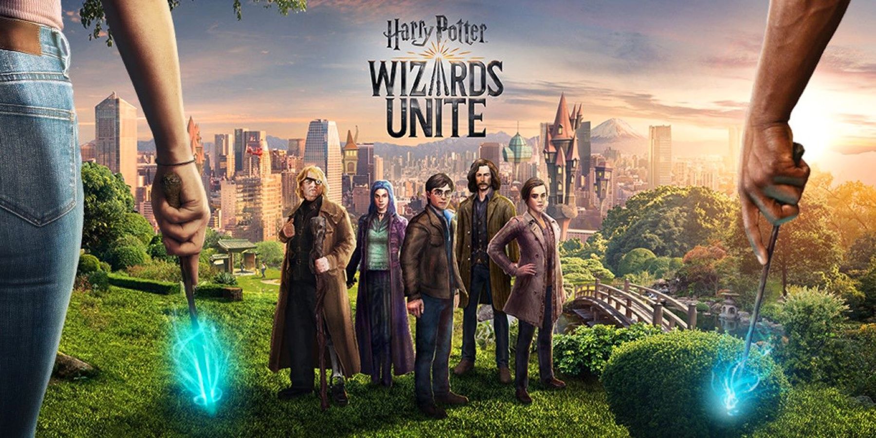 Harry Potter: Wizards Unite promo art showing two people with wands looking at Mad-Eye Moody, Nymphadora Tonks, Harry Potter, Sirius Black, and Hermione Granger standing in front of a city