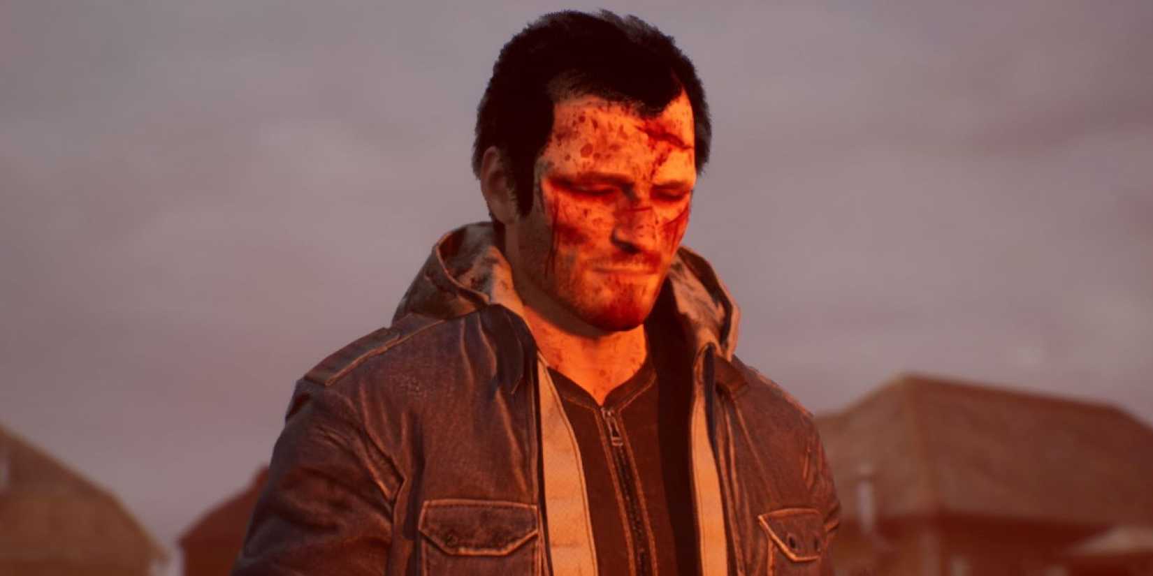 A heavily wounded Isaac grimacing and lit by the burning building in the teaser trailer for Wronged Us