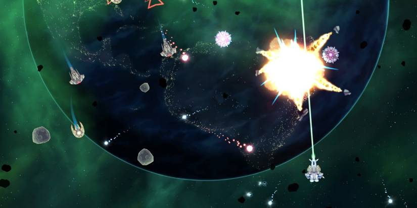 Xenoraid ship firing at enemy vessel exploding in space