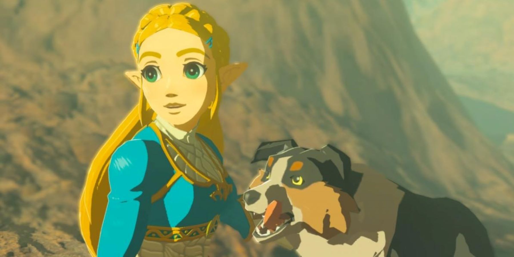Princess Zelda smiling and sitting next to a dog licking its chops in The Legend of Zelda: Breath of the Wild 2