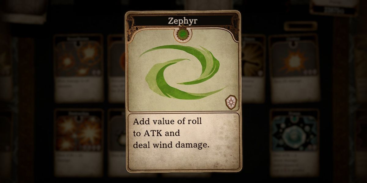 a card titled Zephyr over two green arcs swirling around each other 