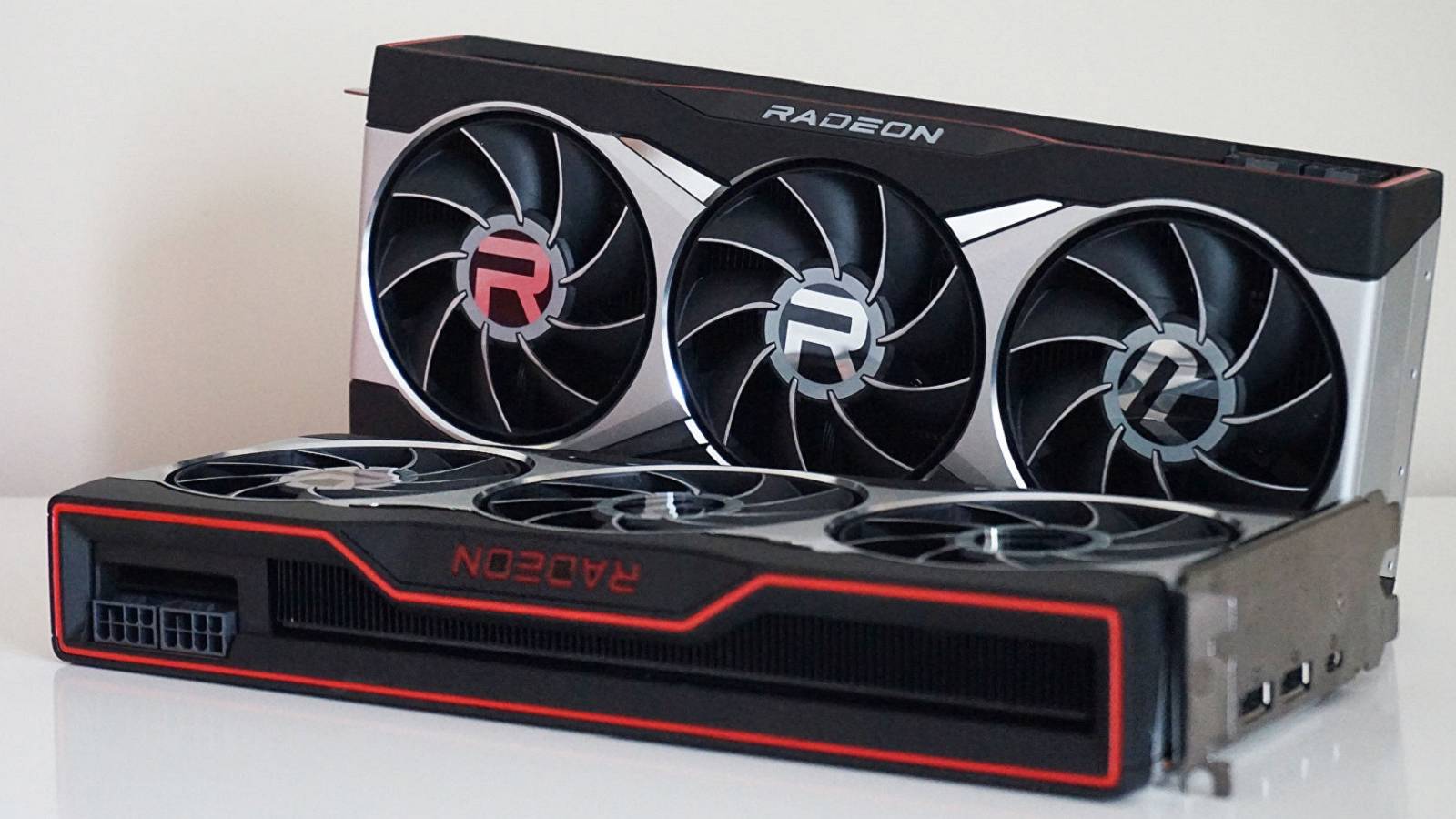 A photo of a couple of AMD Radeon graphics cards on a white background.