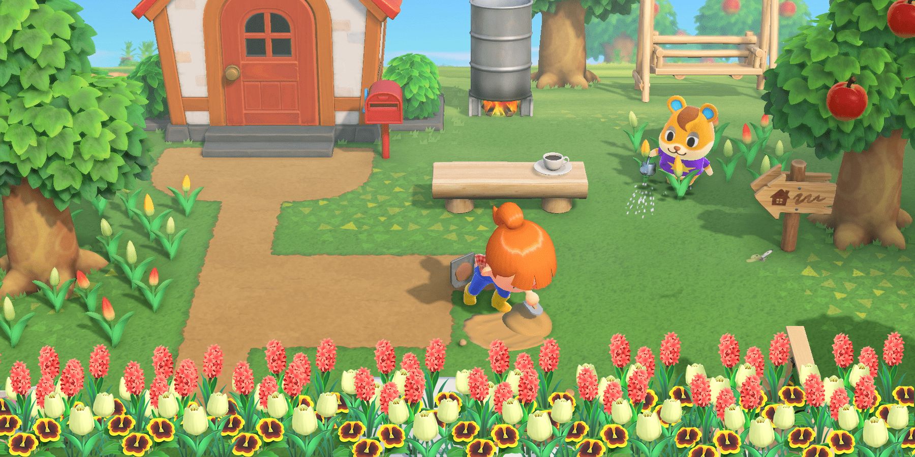 A player customizes their island in Animal Crossing: New Horizons.