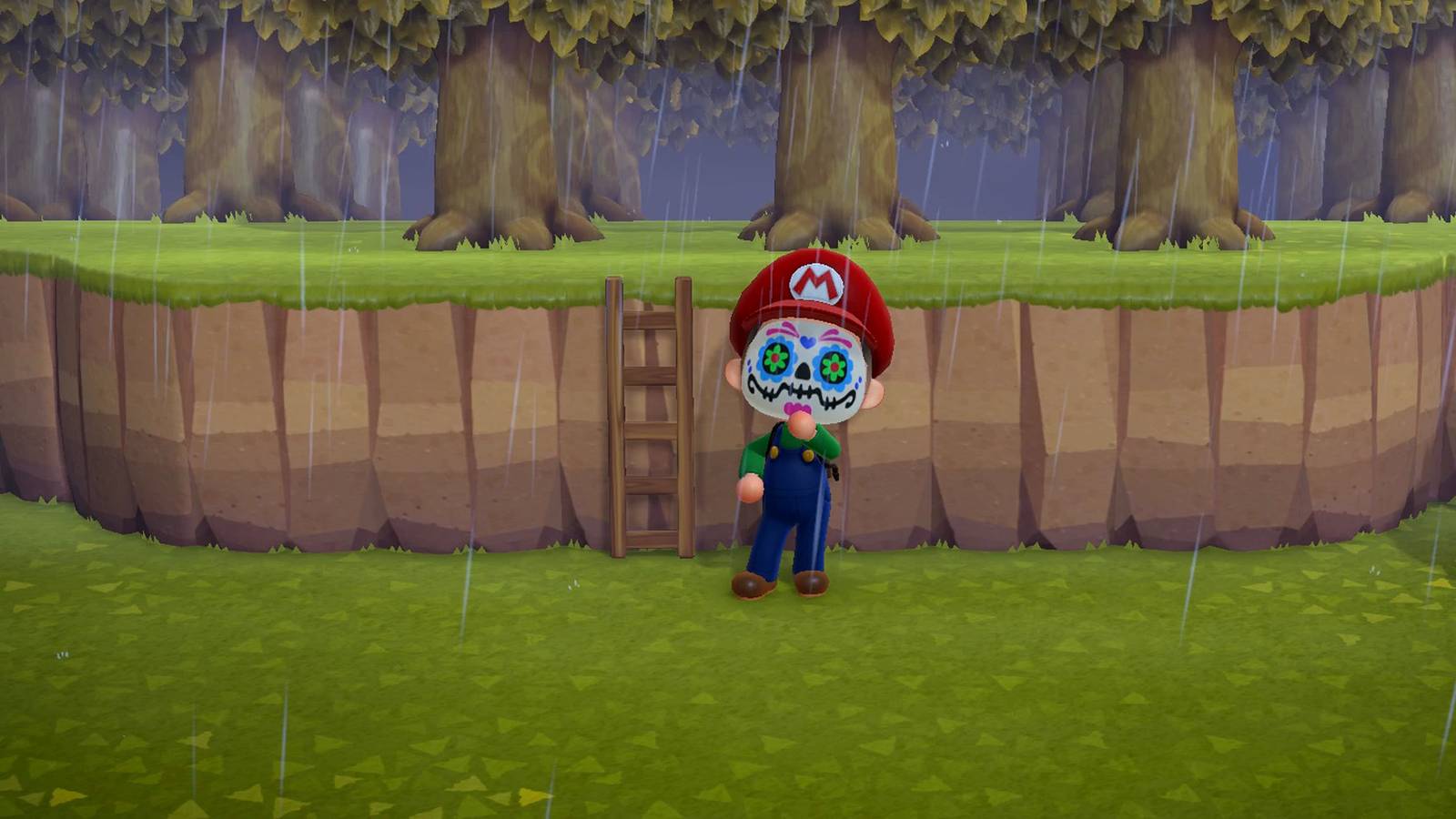 Animal Crossing New Horizons Mario white mask in the rain