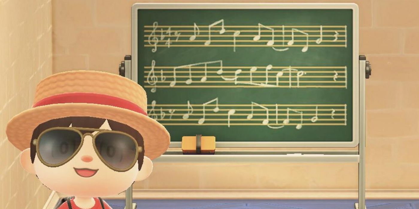animal crossing new horizons theme written on chalk board in game