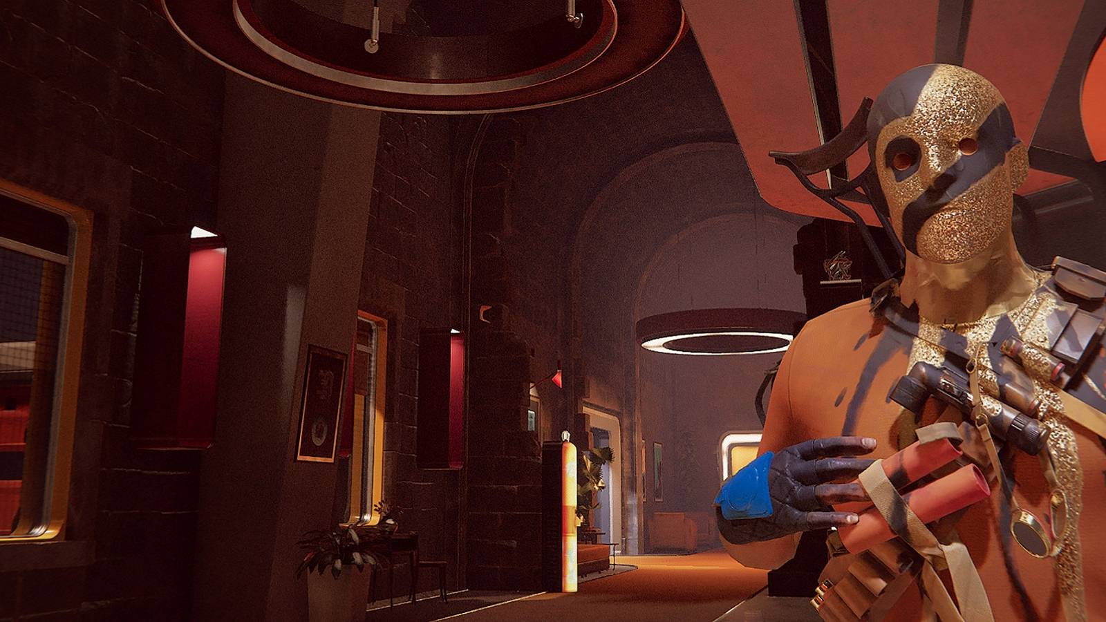 A screenshot from Arkane Studios' Deathloop showing a red hallway.