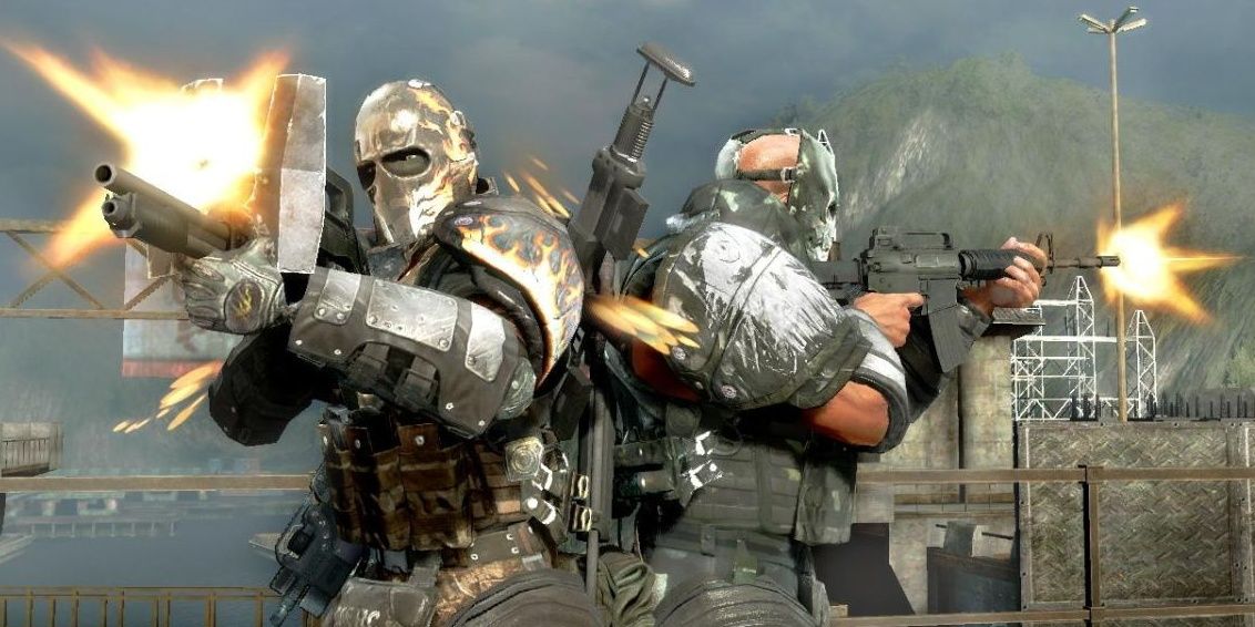 army of two both characters back to back firing guns 