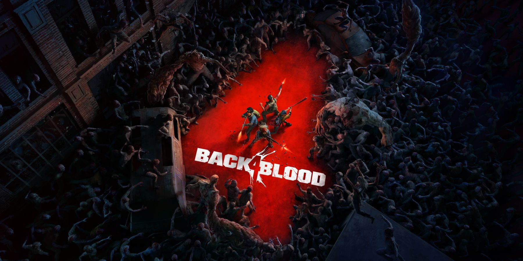 The Back 4 Blood start screen logo with Cleaners shooting a surrounding horde of Ridden.