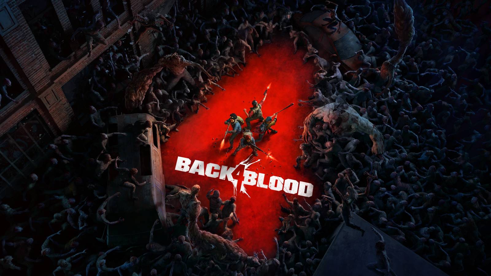The Back 4 Blood start screen logo with Cleaners shooting a surrounding horde of Ridden.
