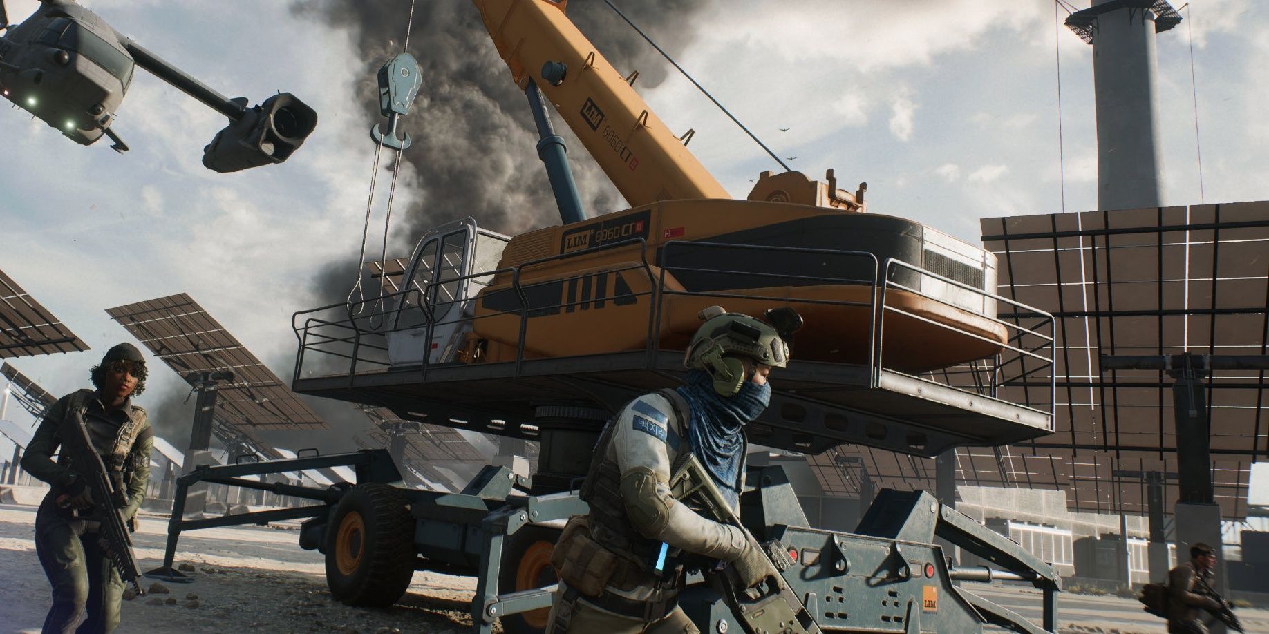 battlefield players with a base of a crane in the background 