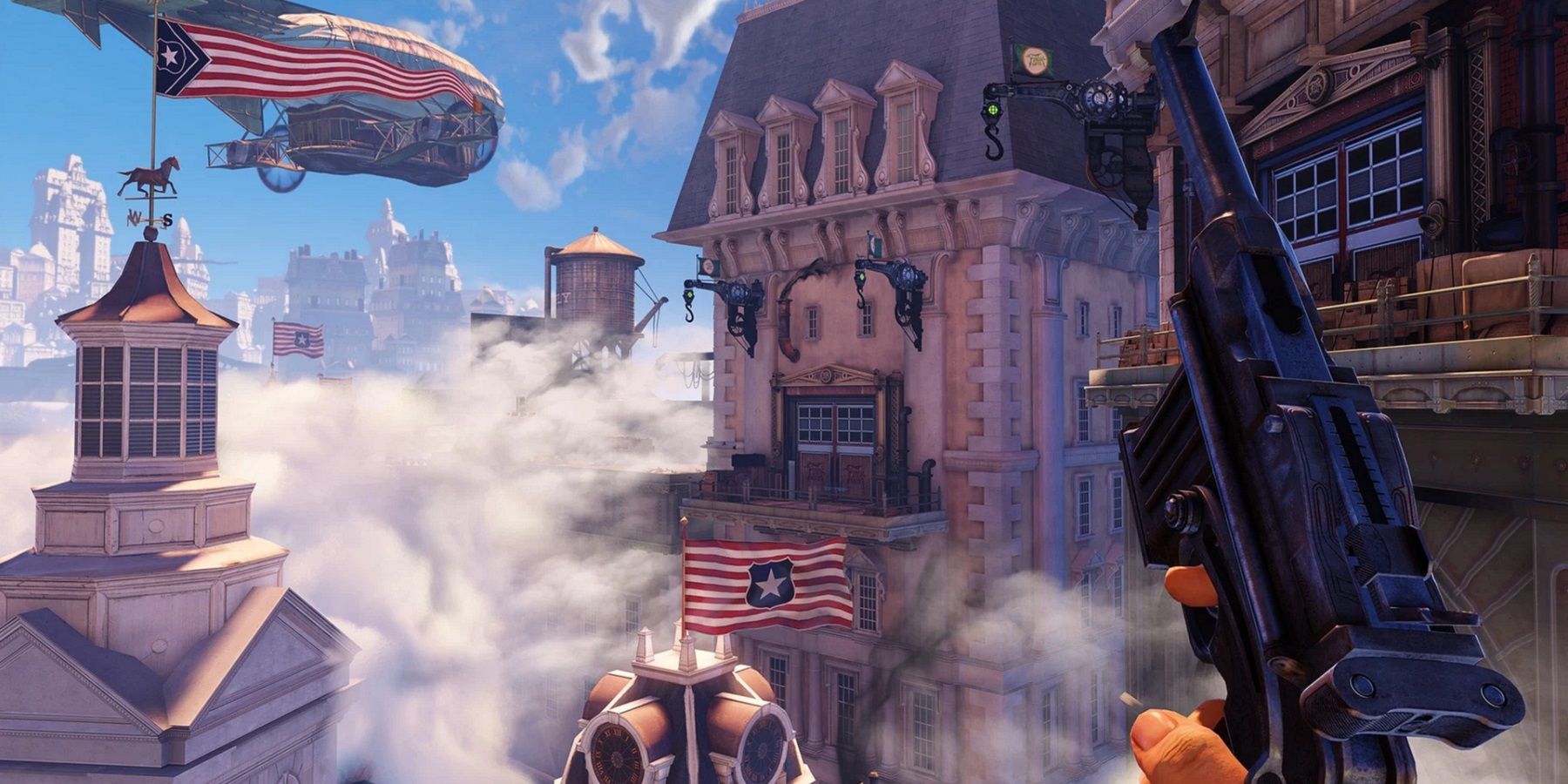 Screenshot from Bioshock: Infinite showing the city of Columbus above the clouds.