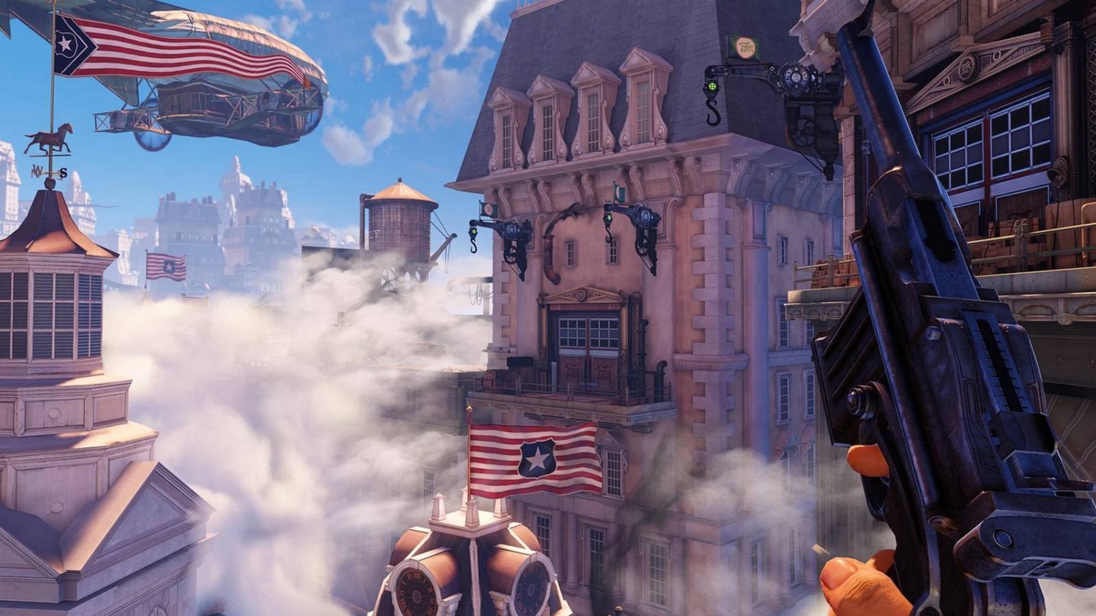 Screenshot from Bioshock: Infinite showing the city of Columbus above the clouds.