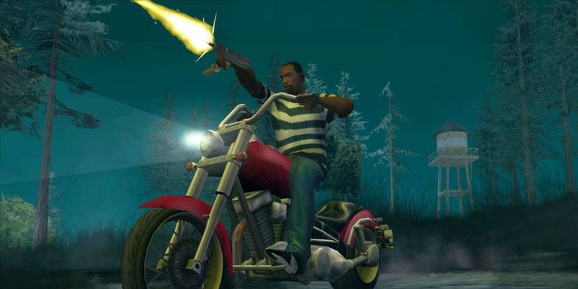 cj shooting in gta on a motorcycle