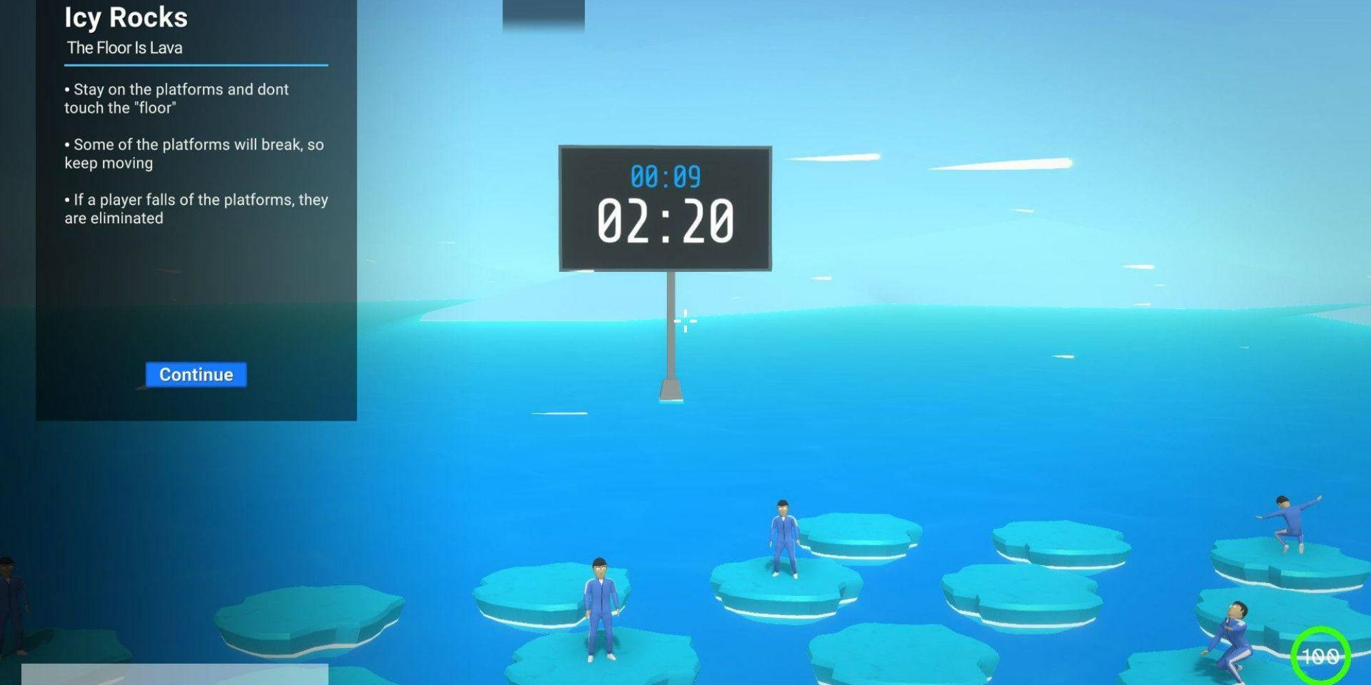 Players stand on floating ice platforms waiting for the game to begin in Crab Game