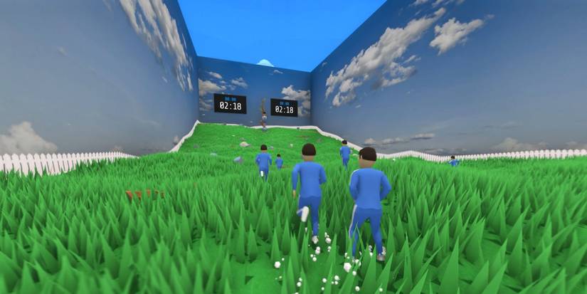 The players running towards the finish line in Red Light Green Light in Crab Game