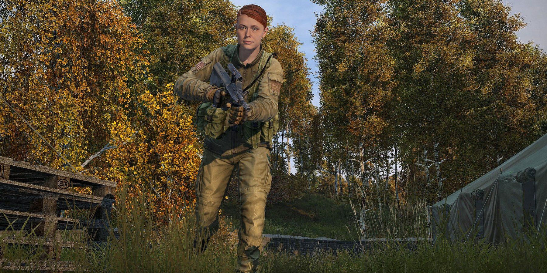 Screenshot from DayZ showing a female character running across a field.