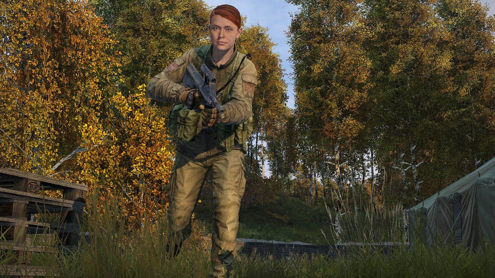 Screenshot from DayZ showing a female character running across a field.