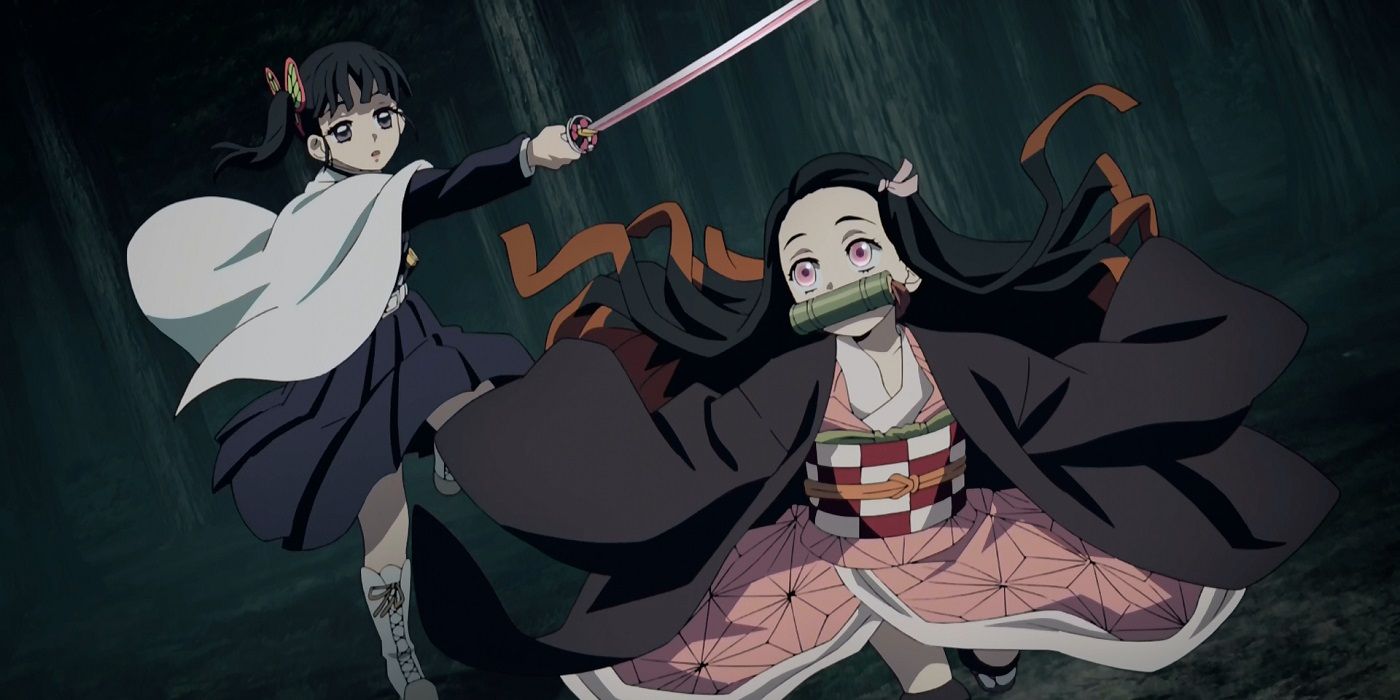 Nezuko being chased by Kanao in the anime