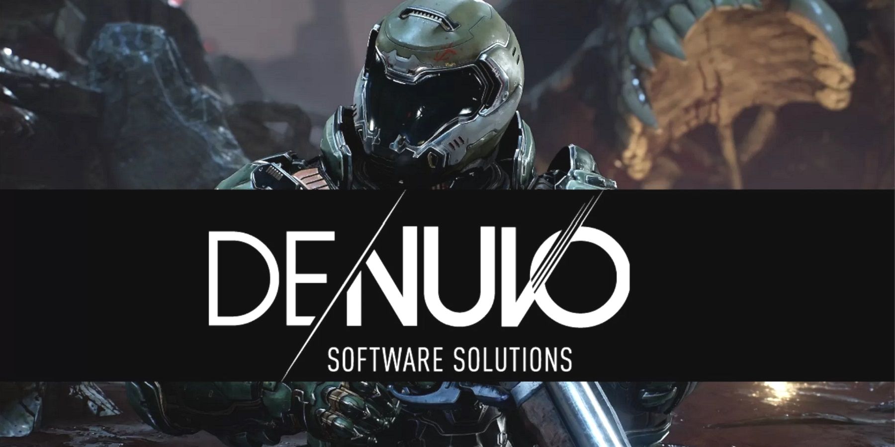 An image from Doom showing the Doom Slayer with the Denuvo logo in front of him.