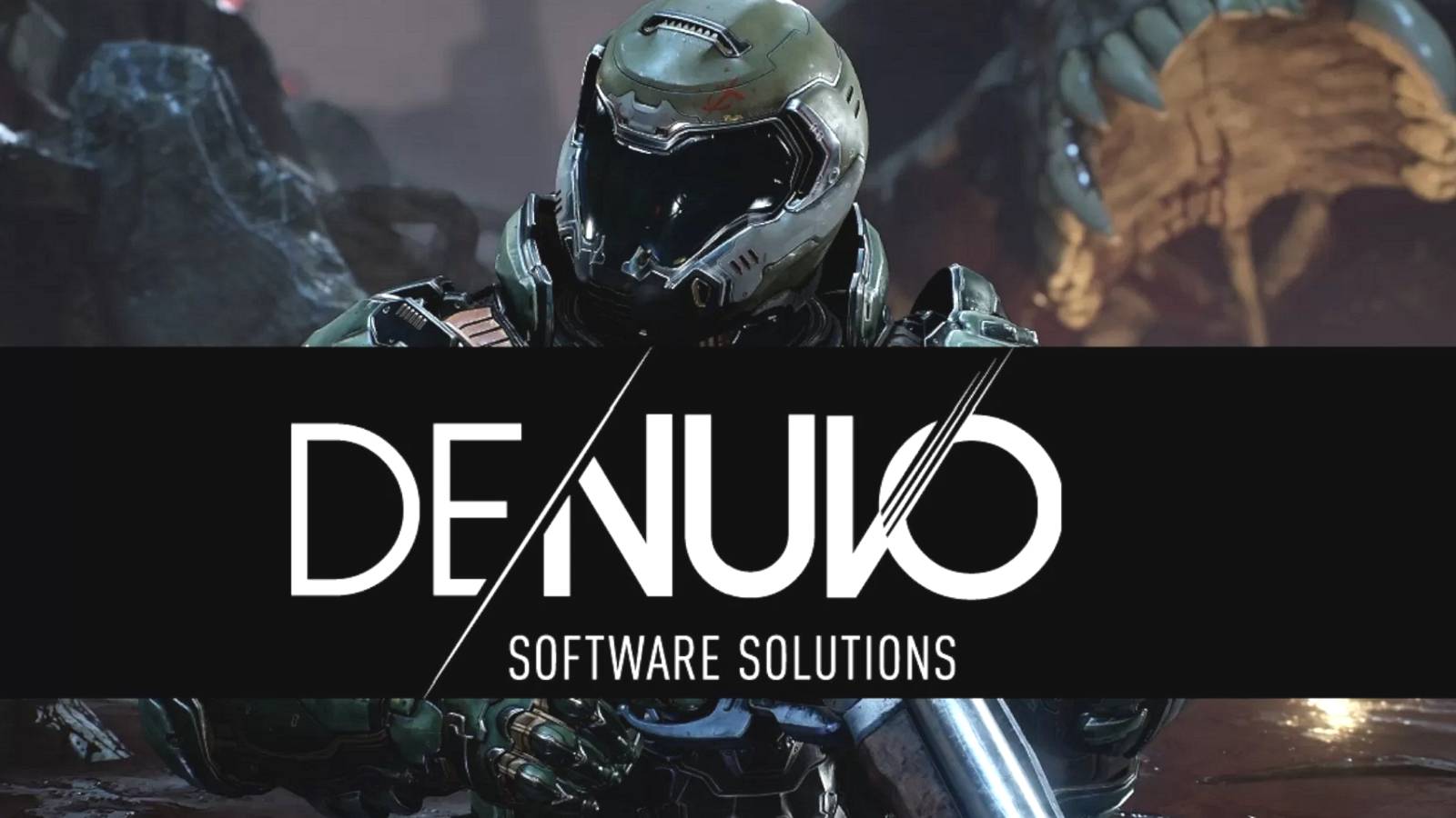 An image from Doom showing the Doom Slayer with the Denuvo logo in front of him.