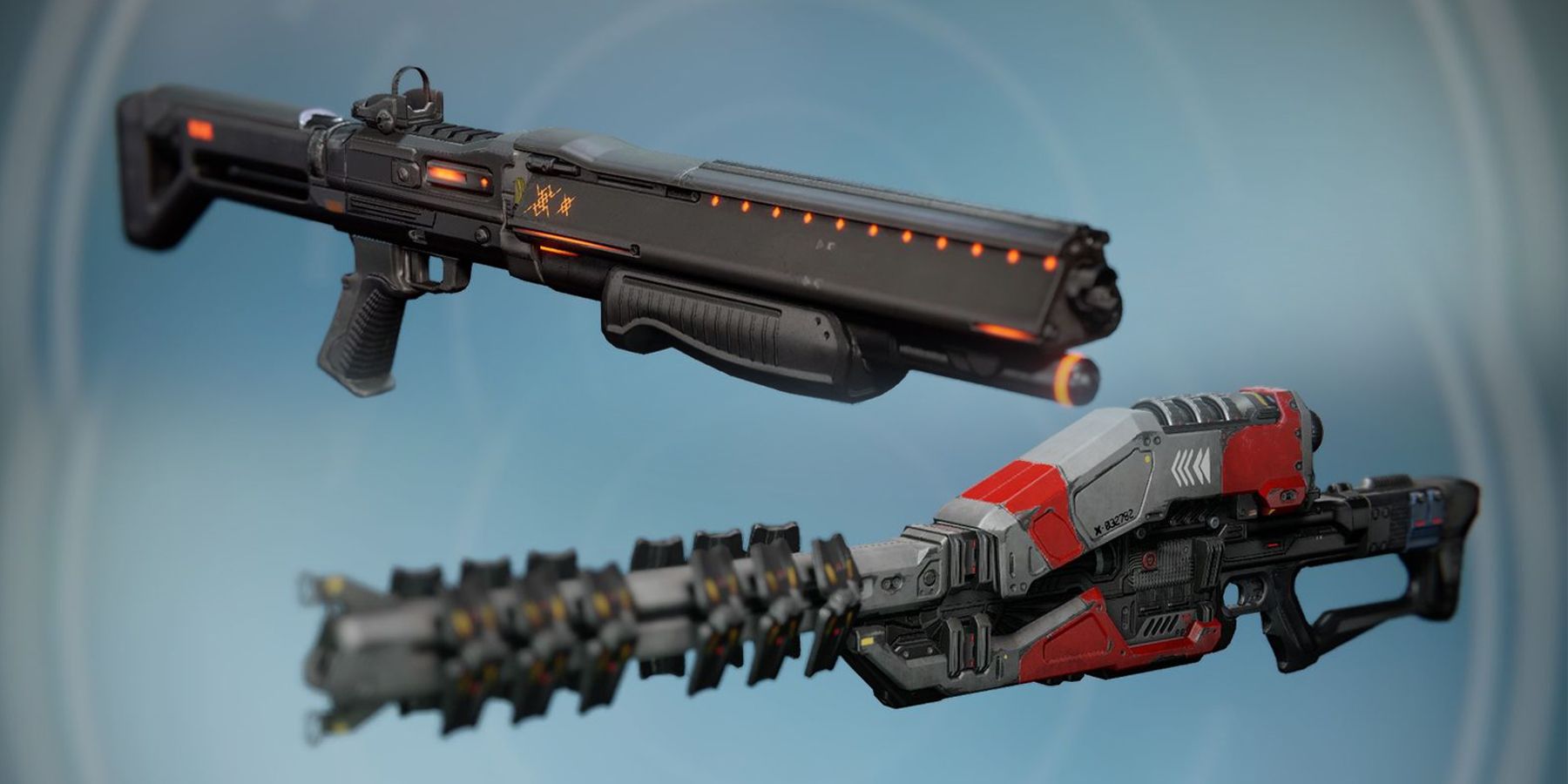 The exotic shotgun Invective and the exotic sniper rifle Ice Breaker from the first Destiny game. (Top: Invective, Bottom: Ice Breaker)