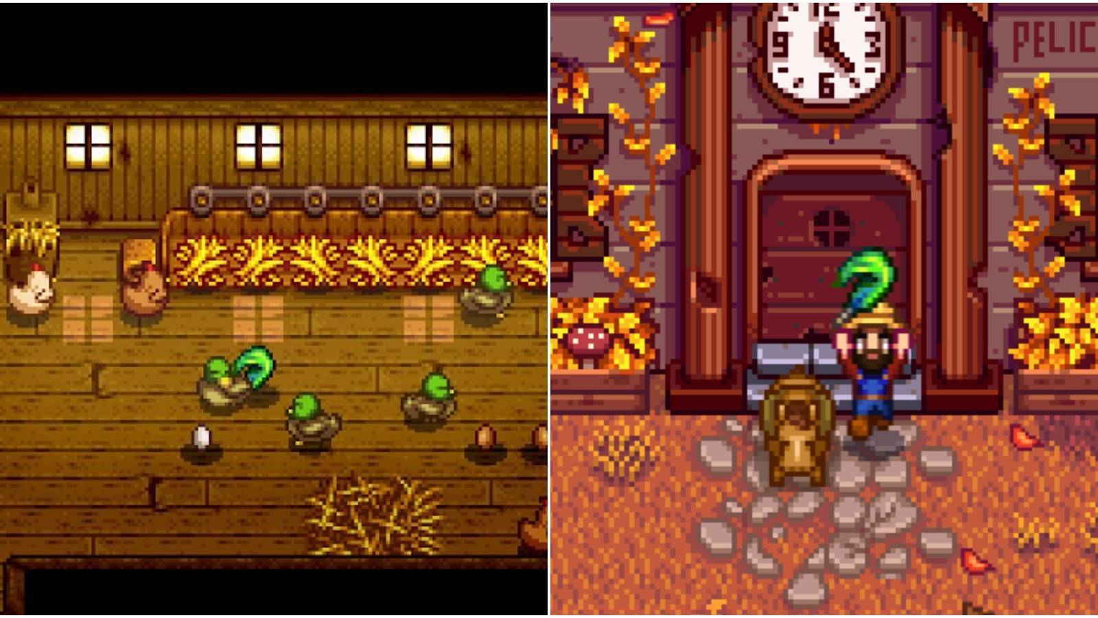 left: ducks in coop; right: player holding duck feather