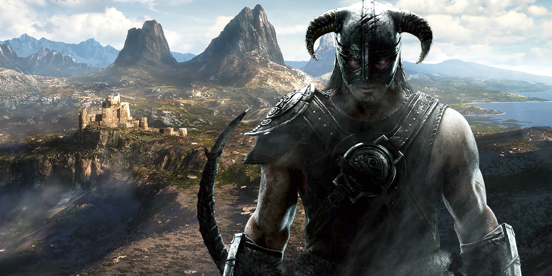 Skyrim's dragonborn in front of the Elder Scrolls 6's teaser image.