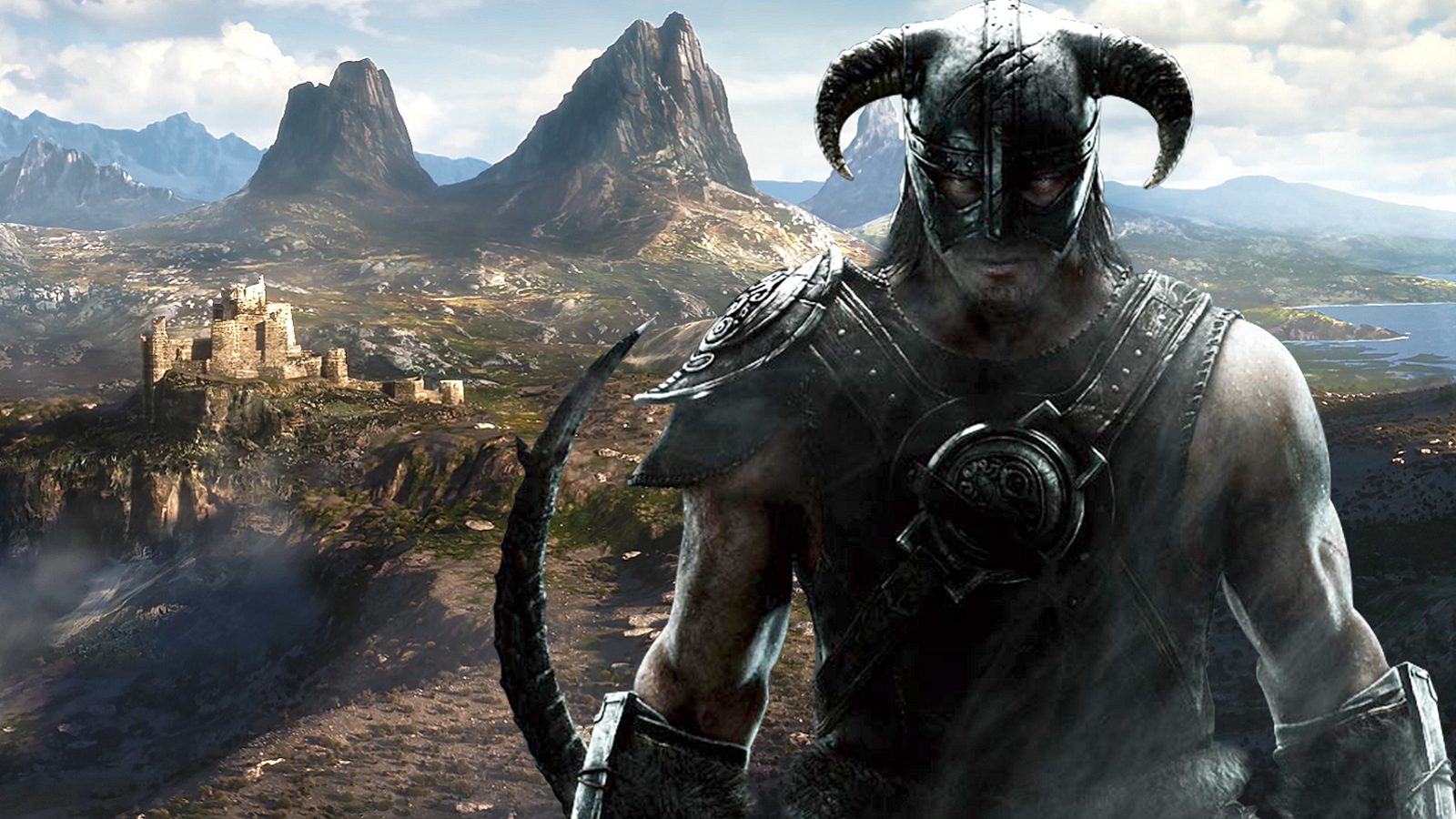 Skyrim's dragonborn in front of the Elder Scrolls 6's teaser image.