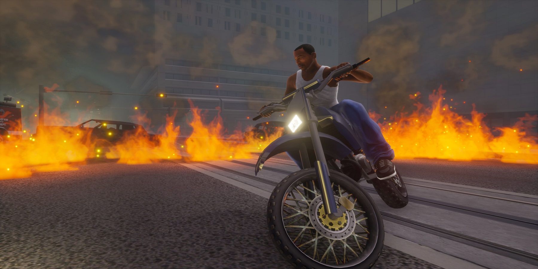 CJ riding a motorcycle in Grand Theft Auto San Andreas