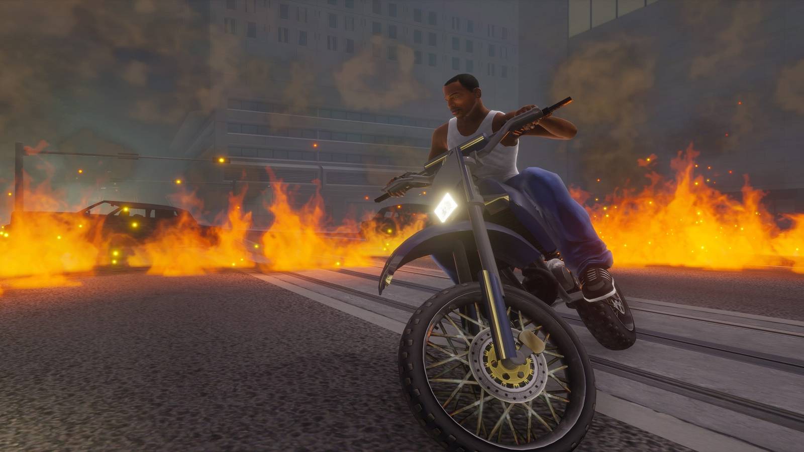 CJ riding a motorcycle in Grand Theft Auto San Andreas