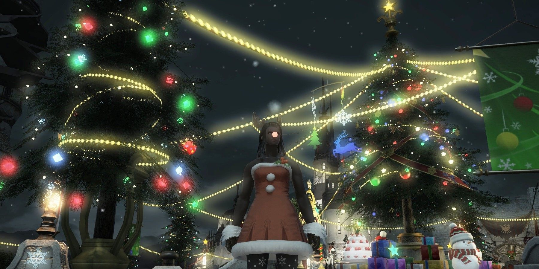 Character in holiday outfit surrounded by fir trees and string lights. 