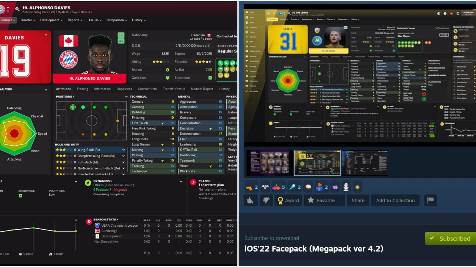 (Left) Davies attributes and details (Right) Mod page for facepack