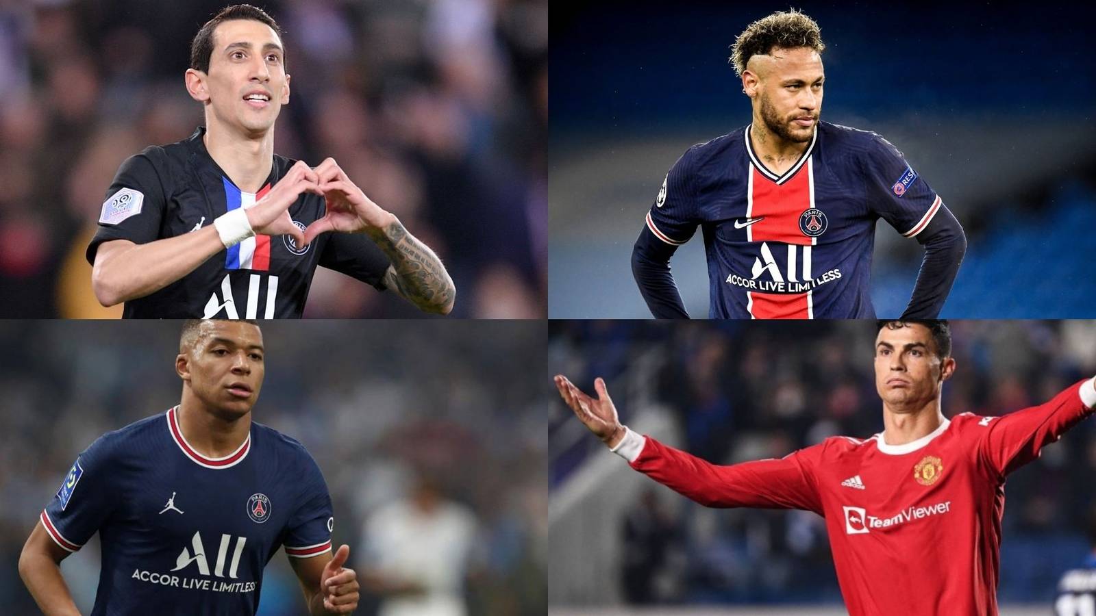 Split image of professional footballers Angel di Maria, Neymar, Mbappe, and Ronaldo.