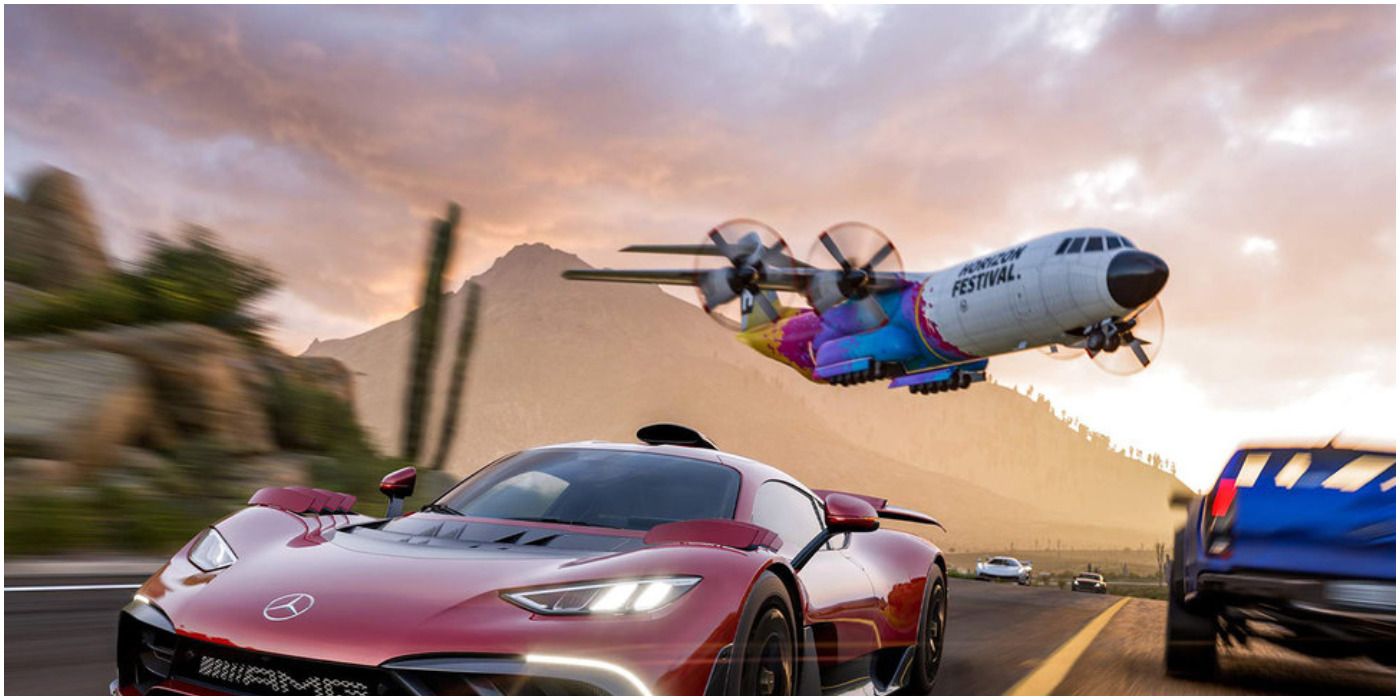 cars with a plane flying in the background 