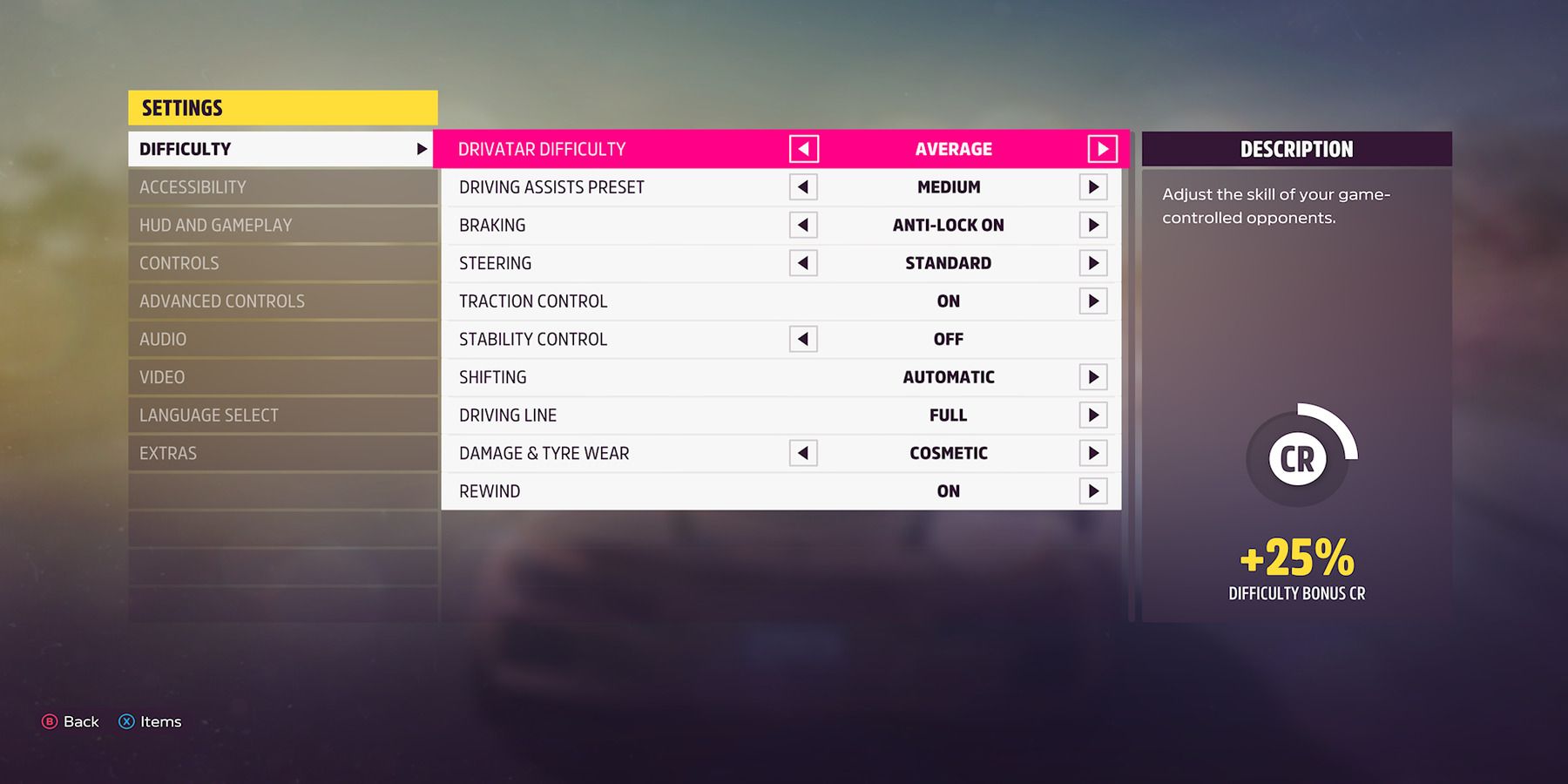 Settings menu