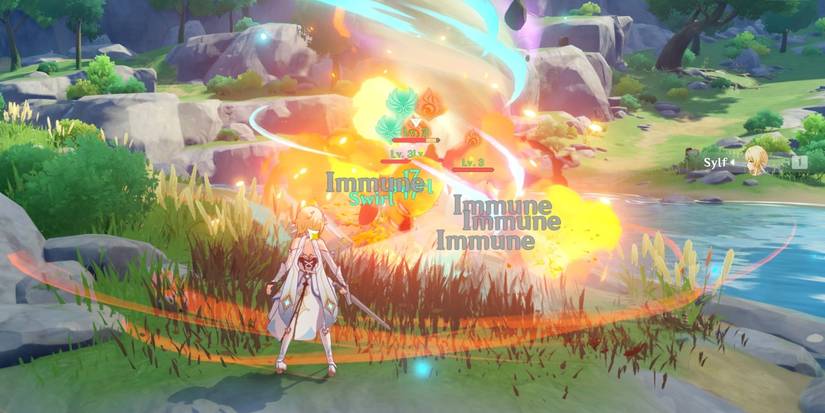 genshin impact female traveler lumine anemo swirl elemental reaction