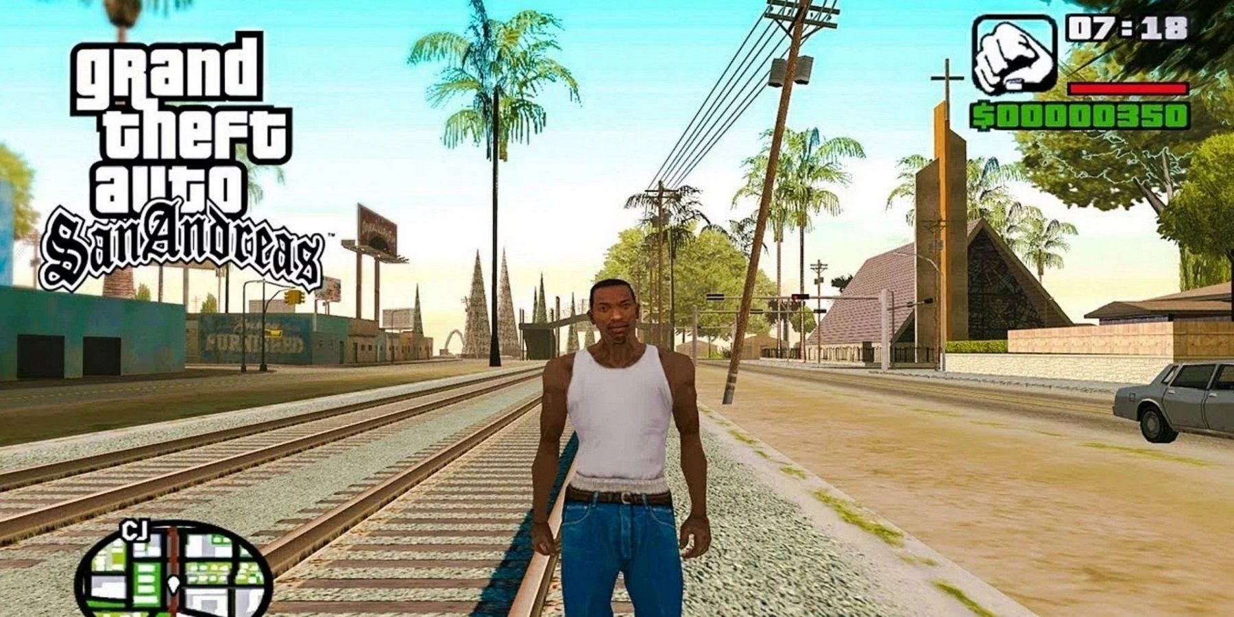 Screenshot from Grand Theft Auto: San Andreas, showing CJ standing on the railway tracks.